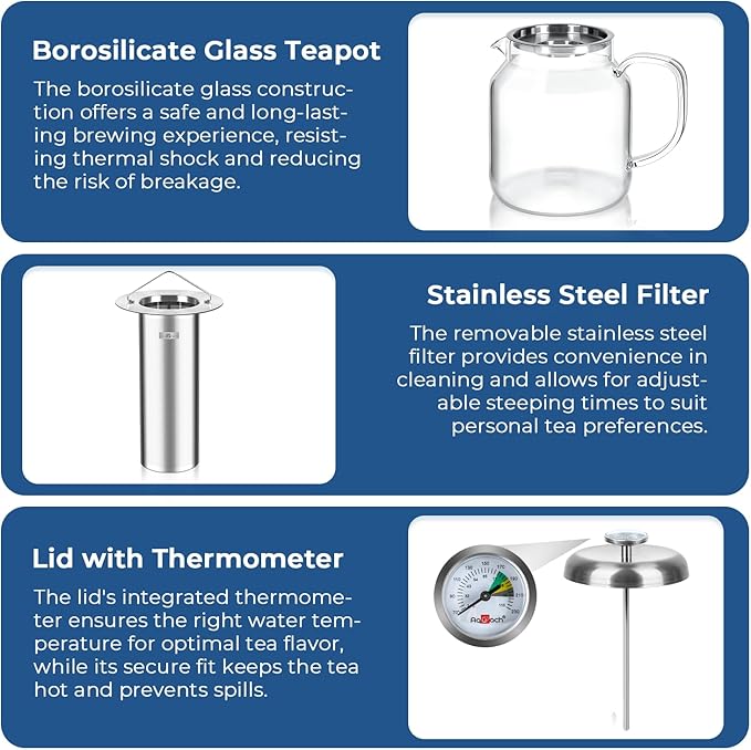 Aquach 68oz Glass Teapot with Built-in Thermometer, Stovetop & Dishwasher Safe, Borosilicate Carafe and Stainless Steel Removable Infuser - Bloomnest