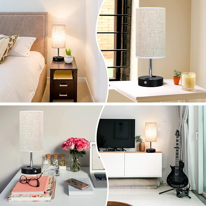 Table Lamp with Motion Sensor and Constant on Mode, USB Lamp Include Warm White Bulb, Built in USB Port & AC Outlet, Bedside Lamp Idea for Bedroom Retro Cream - Bloomnest