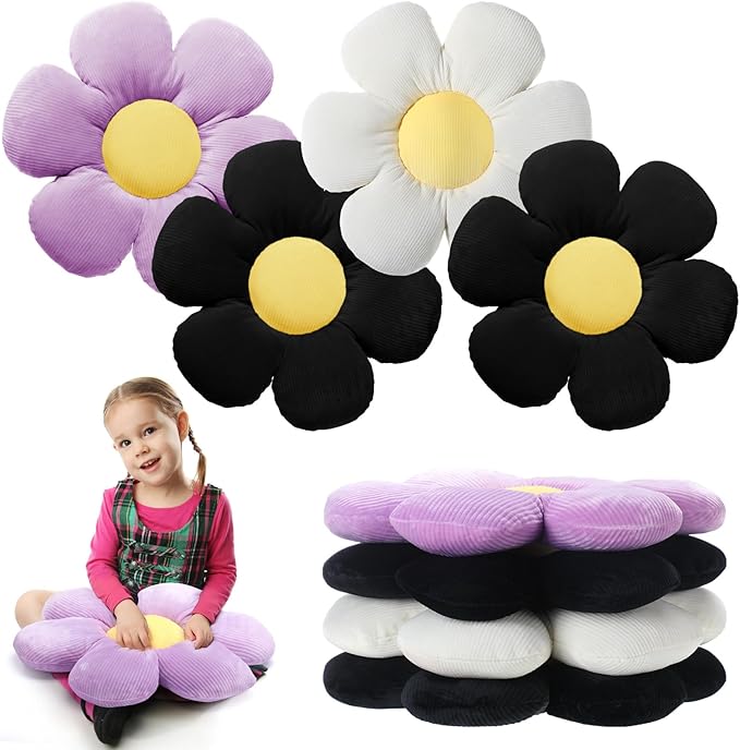 Reginary 4 Pcs Flower Floor Pillows Cute Plush Flower Throw Pillows Daisy Floor Seat Cushion Chair Pads for Christmas First Day of School for Sofa Couch Bed Decor(15 Inch,Black, White, Purple) - Bloomnest
