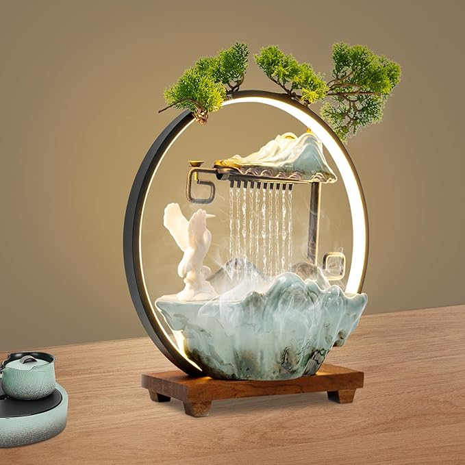 15In White Crane Water Fountain Waterfall Indoor Tabletop Decration Humidifier with LED Light, Atomizer Circulating Water, Japanese Zen Decor Meditation Feng Shui Decor Festival Birthday Gift - Bloomnest