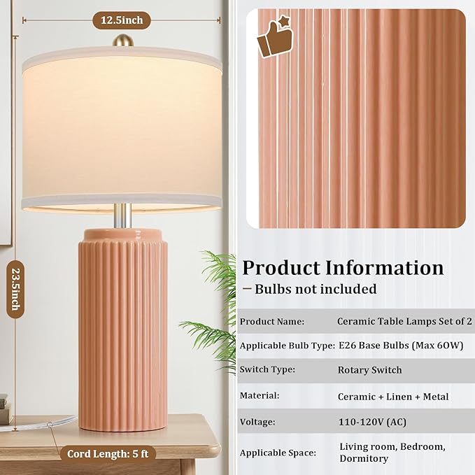 23.5’’ Orange Table Lamps for Bedroom Set of 2, Modern Ceramic Nightstand Lamps for Living Room, Retro Lamps with White Shade Set for Home Office End Table, Farmhouse Bedside Lamps for End Table Dorm - Bloomnest