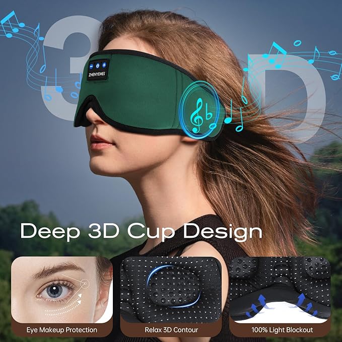 3D Sleep Mask with Bluetooth Headphones, Sleeping Headphones for Side Sleepers, Wireless Music Eye Mask with Ultra-Thin Stereo Speakers for Men, Women, Tech Gifts, Deep Green - Bloomnest