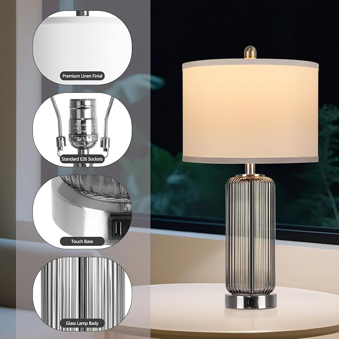Table Lamps Set of 2 with Touch Control, 3-Way Dimmable Nightstand Lamp with Vertical Grained Glass, Grey Bedside Table Lamps, 27" Modern Glass Bedside Lamps with USB A+C Ports, Desk Lamp for Bedroom - Bloomnest