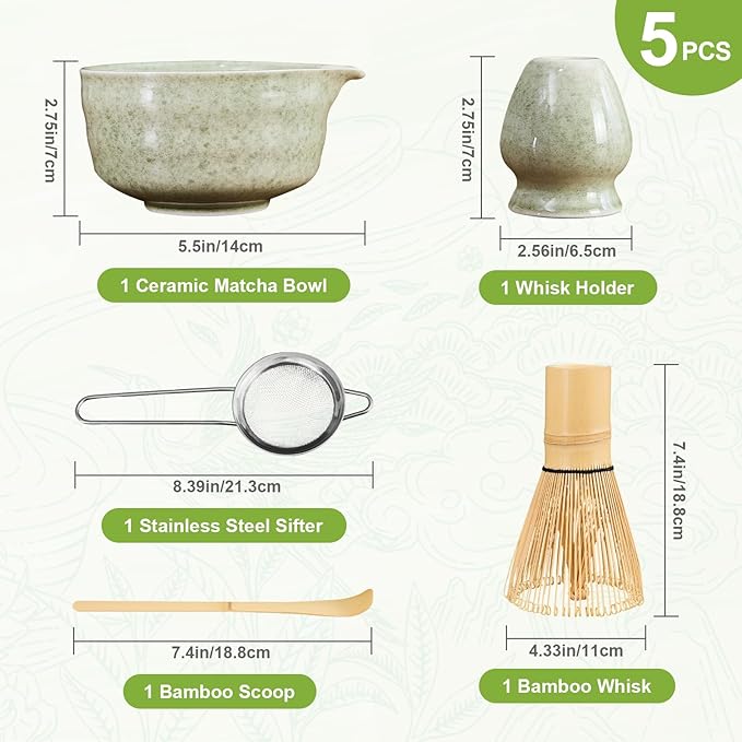 5Pcs Matcha Whisk Set - Matcha Bowl with Spout, 100% Bamboo Whisk (Chasen), Holder, Stainless Sifter, Tea Scoop. Japanese Ceremony Matcha Kit for Beginners, Ideal Gift for Tea Lovers (Green) - Bloomnest