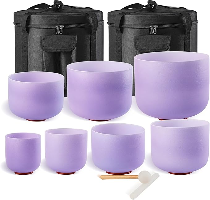 432HZ 6-12 Inch Purple Color Frosted Quartz Crystal Singing Bowls Chakra Set of 7 with Carry Case Bags for Sound Healing and Meditation