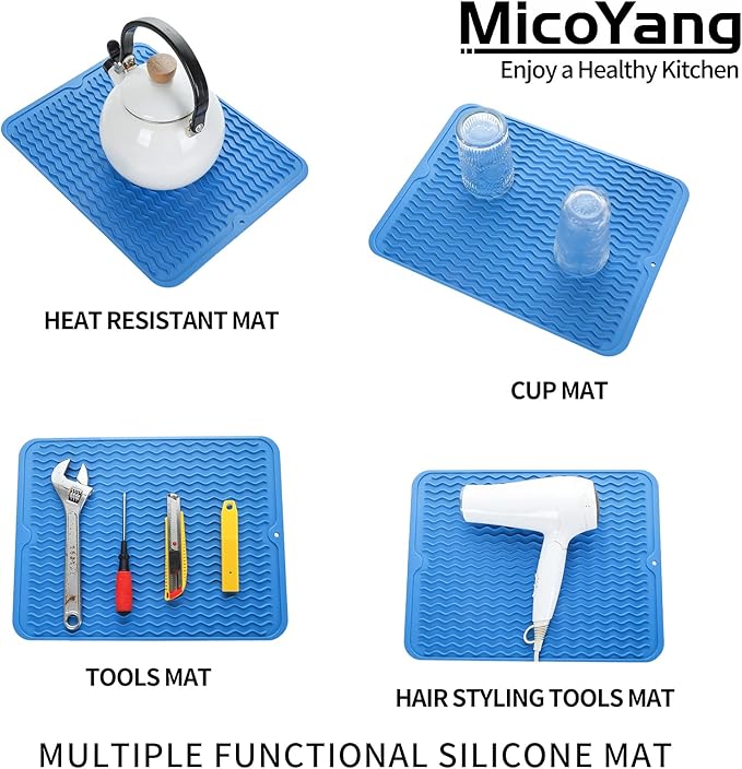 Silicone Dish Drying Mat for Multiple Usage,Easy clean,Eco-friendly,Heat-resistant Silicone Mat for Kitchen Counter or Sink,Refrigerator or Drawer liner Lichen BlueL M 12 inches x 12 inches - Bloomnest