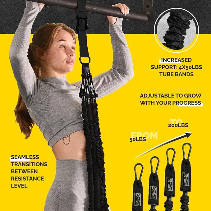 Pull Up Assistance Bands Set - 4 Heavy-Duty Pull Up Bands, Height Adjustable Strap & Comfortable Foot Strap - Stackable Pull Up Resistance Bands for Pull Ups - Bloomnest