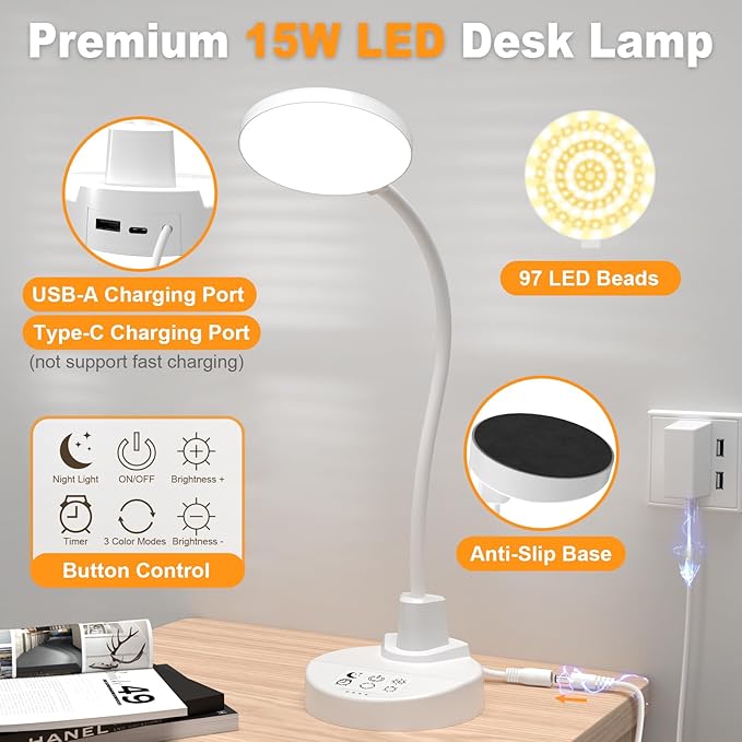 15W LED Desk Lamp with USB Charging Ports – Dimmable Table Lamp with 3 Color Temps, 5 Brightness, 4 Timers, Flexible Gooseneck Light with Base, Eye-Caring Reading Light for Home Office, Bedroom, Study - Bloomnest