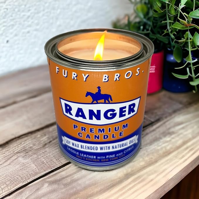 Fury Bros. Scented Candles for Men | Ranger | Saddle Leather Pine Citrus | Natural Soy Wax | Hand-Poured in The USA | Long 70-80 Hour Burn (12.5 oz) | Vintage-Inspired Tin Design | Dad Home Gift - Bloomnest