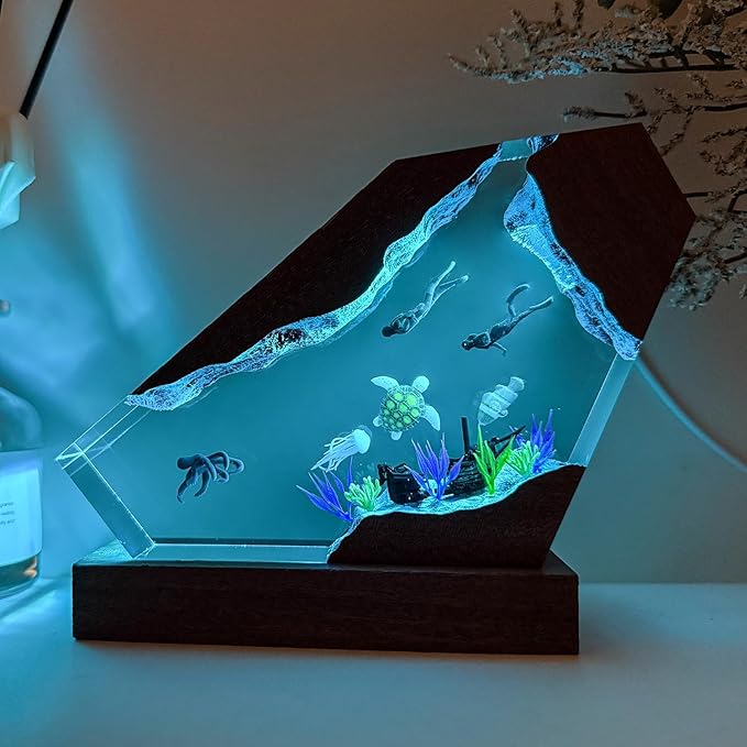 Octopus Ocean Resin Lamp, Handmade Wooden Table Resin Night Light, USB Port Art Ornaments for Home Office Decor, Scuba Diver Gifts for Birthday Holiday, Valentine's Day Gifts for Husband - Bloomnest