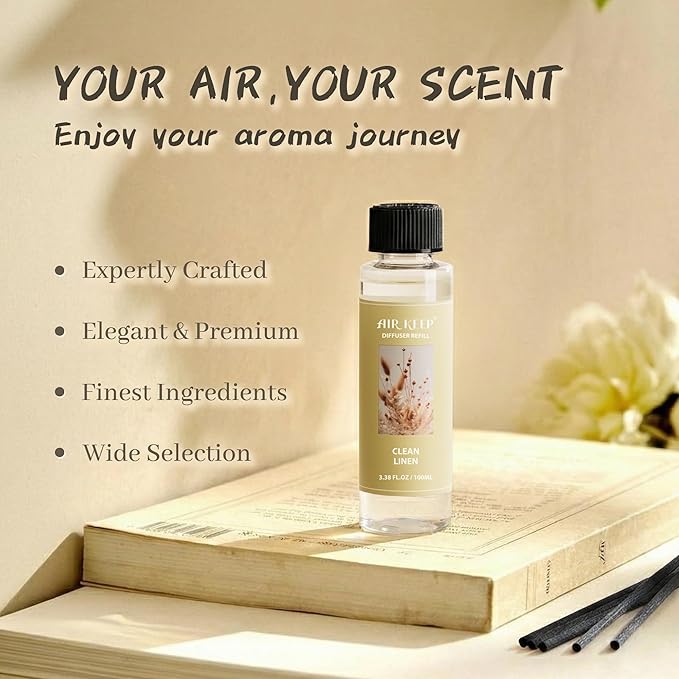 Airkeep Reed Diffuser Oil Refill/Clean Linen/3.38 oz/1 Pack/Air Freshener & Aromatherapy Essential Oil Blend for Home Fragrance – Scented Refill Oil for Bathroom, Bedroom & Home Decor - Bloomnest