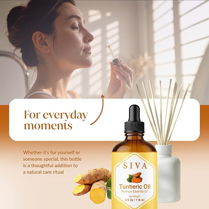 Siva Turmeric Essential Oil - 4 Fl Oz – 100% Natural Turmeric Oil - for Diffuser, Face, Skin Care, Aromatherapy, Hair Care, Scalp and Body Massage - with Dropper - Bloomnest