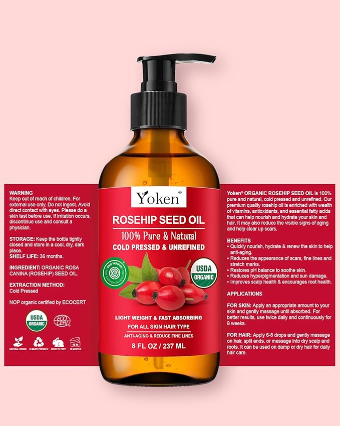 Rosehip Seed Oil Organic, USDA Certified 100% Pure Rosehip Oils for Face, Hair & Body, 8 fl oz Cold Pressed Rose Hip oil for Skin Moisturizing, Scar Fading, Gua Sha, Massage, Carrier Oil DIY - Bloomnest