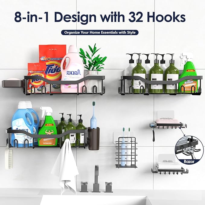 Shower Caddy Adhesive Shower Organizer 8-Pack, Rustproof Stainless Steel Bathroom Shelves, Large Capacity No-Drill Rack Storage Accessories with Soap Dish Toothbrush Holder Hooks - Bloomnest
