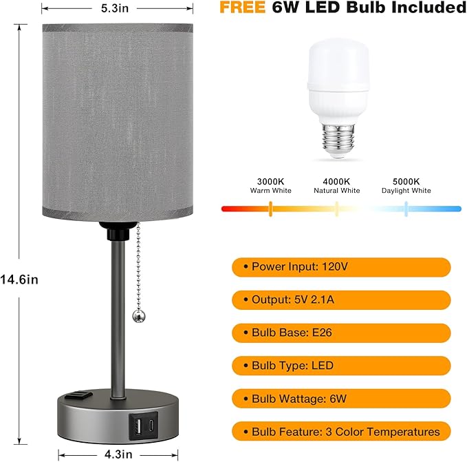 Small Bedside Table lamp for Bedroom - 3 Color Temperatures Bedside Lamps with USB Ports for Housewarming, Pull Chain Table Lamps with AC Outlet, Nightstand Lamps for Kids Reading - Bloomnest