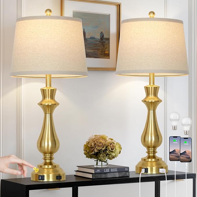 Modern Gold Table Lamps Set of 2 for Living Room,30" Tall Bedside Lamp with USB Charging Port,3-Way Dimmable Touch Nightstand Lamp for Bedroom Desk Side Table Office,Gold - Bloomnest