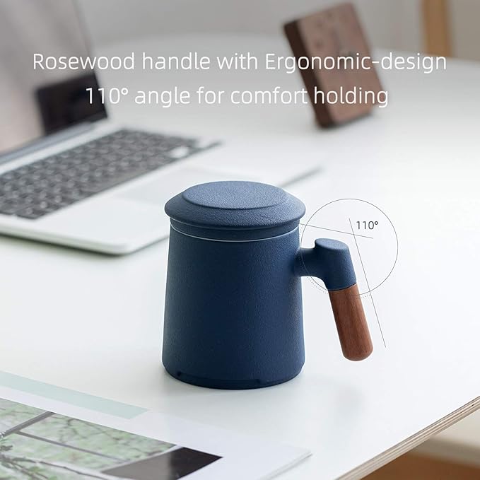 ZENS Tea Cup with Infuser and Lid for Loose Leaf Tea Steeper, 12oz Blue Ceramic Tea Mug with Fine Strainers, Wood Handle, Tea Lovers Gifts
