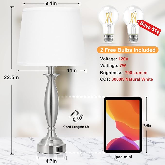 White Lamps for Bedrooms Set of 2 - Touch Control Bedside Lamp with USB C+A, 3 Way Dimmable Nightstand Lamps with USB Port, Table Lamp for Living Room(White Shade and Nickel Base) - Bloomnest