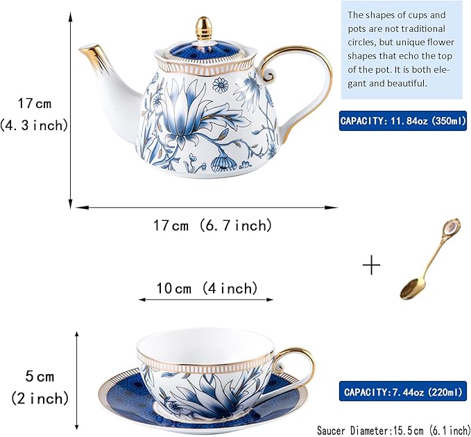 ACMLIFE Tea for One Teapot and Cup Set, Vintage Floral Porcelain Tea Set for One, Bone China Teapot Set, Tea Pot Set Gift for Women (Blue) - Bloomnest