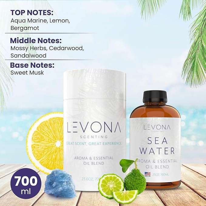 Levona Scent Essential Oil - Fresh Aroma for Home, Office, Hotel & Spa, Perfect in Humidifiers and Diffusers, Luxury Fragrance, with Aqua Marine, Lemon, & Bergamot Notes - 700ml/ 23 fl oz, Sea Water - Bloomnest