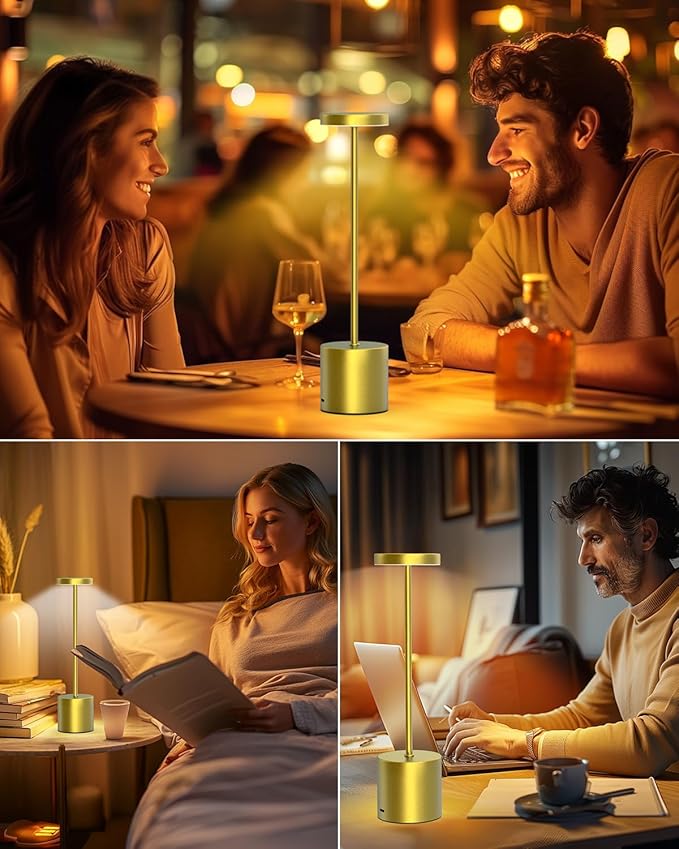 Cordless Table Lamps Rechargeable Set of 2, Portable LED Desk Lamp, 5000mAh Battery Powered Wireless Table Light - 3 Color Dimmable Lighting for Restaurant Dining Patio Outdoor Bedroom(Gold) - Bloomnest