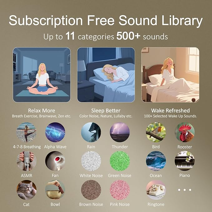 Hotmoon Alarm Clock with Sound Machine, Luna Pro Dual-Stage Alarm, 507 Sounds for Sleep, Smart Light & Timer, Pink Green Brown White Noise Machine for Sleeping Adult Office Privacy Gift, Plug in - Bloomnest