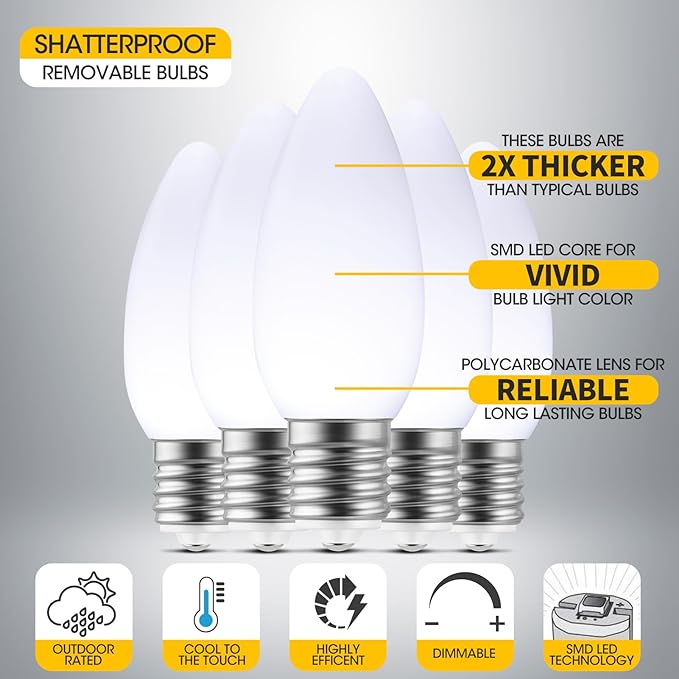 25-Pack Ceramic C9 LED Christmas Light Bulbs, Cool White LED Light Bulbs Holiday Decoration, Cool Christmas Decor for Indoor & Outdoor Use, E17/C9 Intermediate Base (Cool White Smooth) - Bloomnest