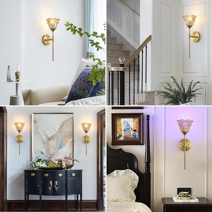 2 Pack Battery Operated Wall Sconce with Amber Glass Shades, Wireless Rechargeable RGB Wall Light with Remote Control, for Bedroom Mirror Living Room, ETL Listed - Bloomnest