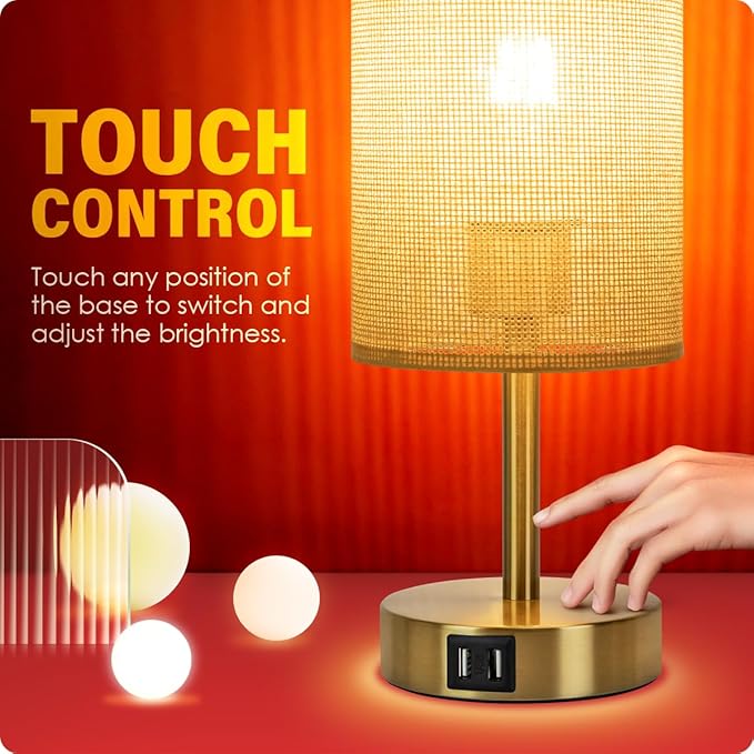 Yarra-Decor Bedside Lamp with USB Port - Touch Control Table Lamp for Bedroom Wood 3 Way Dimmable Nightstand Lamp with Round Flaxen Fabric Shade for Home Office (LED Bulb Included) (Y - NET) - Bloomnest