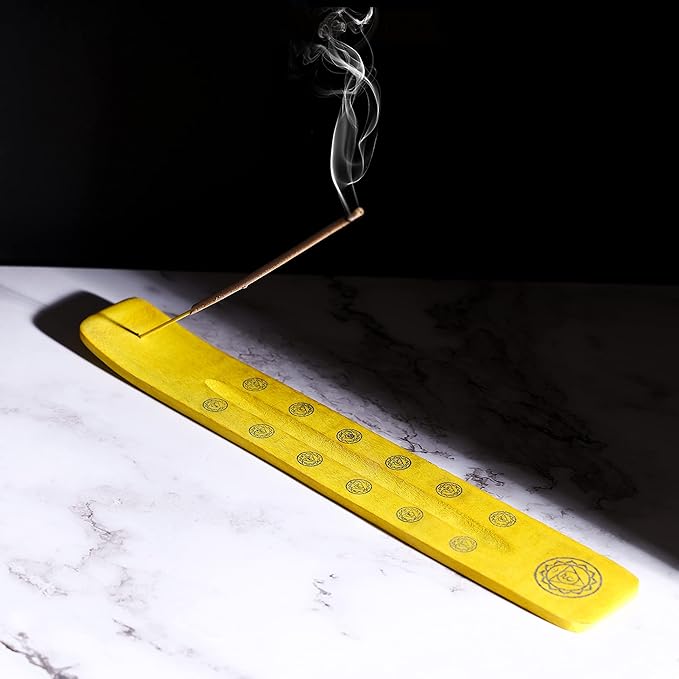 Bless-International Traditional-Handmade-Burner Wooden-Incense-Stick-Holder Ash-Catcher-Stand for-Aromatherapy-Meditation-Yoga (Positivity Yellow) 10 Inches, Pack of 2 - Bloomnest