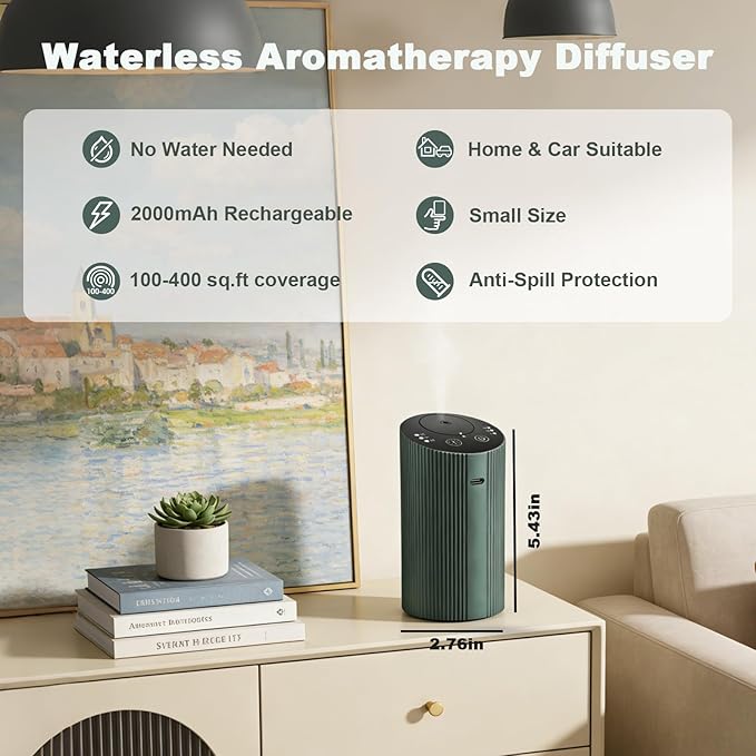 Waterless Essential Oil Diffuser with 4 Timer (1/3/6H & Off) & 3 Mist(L/M/H), Air Scent Diffuser for Home Car Office, Rechargeable Aromatherapy Diffuser, Portable Mini Aroma Diffuser, Dark Green - Bloomnest