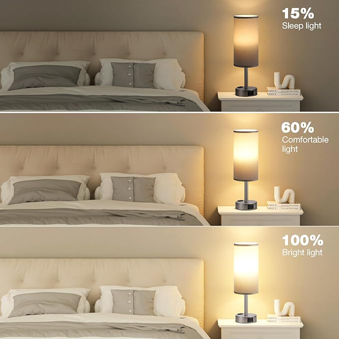 Fenmzee Grey Bedside Table Lamp for Bedroom - 3 Way Dimmable Touch Lamp USB C Charging Ports and AC Outlet, Small Lamp for Living Room, Desk, LED Bulb Included - Bloomnest