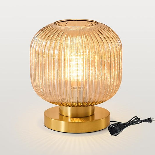 Mid Century Globe Table Lamp: Amber Vintage Pumpkin Ribbed Glass Dimmable Plug in Bedside Lamps - Cute Brass Gold Modern Side Table Lamp Nightstand Light for Bedroom Entryway Office Desk Living Room - Bloomnest