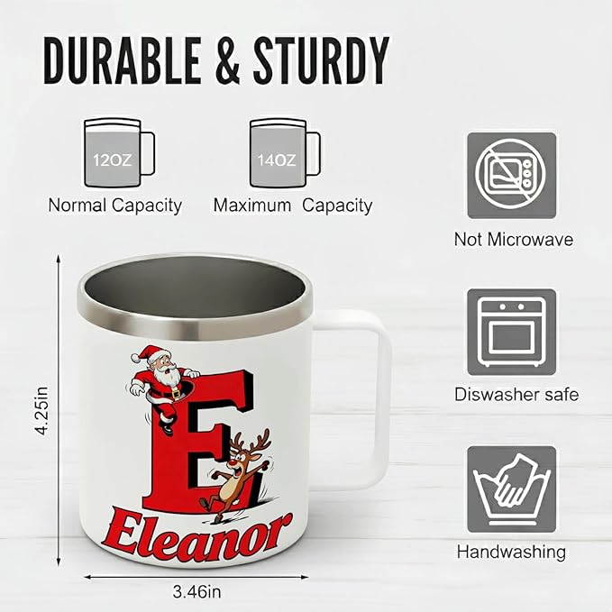 JugJug Personalized Christmas Mug with Initial & Name - Funny Falling Santa 12oz Insulated Coffee Cup w/Lid - Xmas Gifts for Kids, Girls, Family (B159) - Bloomnest