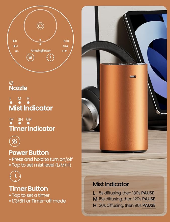 Waterless Essential Oil Diffuser, Rechargeable Scent Diffusers with 3 Mist Levels & Timers, Portable Aromatherapy Diffuser for Home Car Room Studio Office, Cosmic Orange - Bloomnest