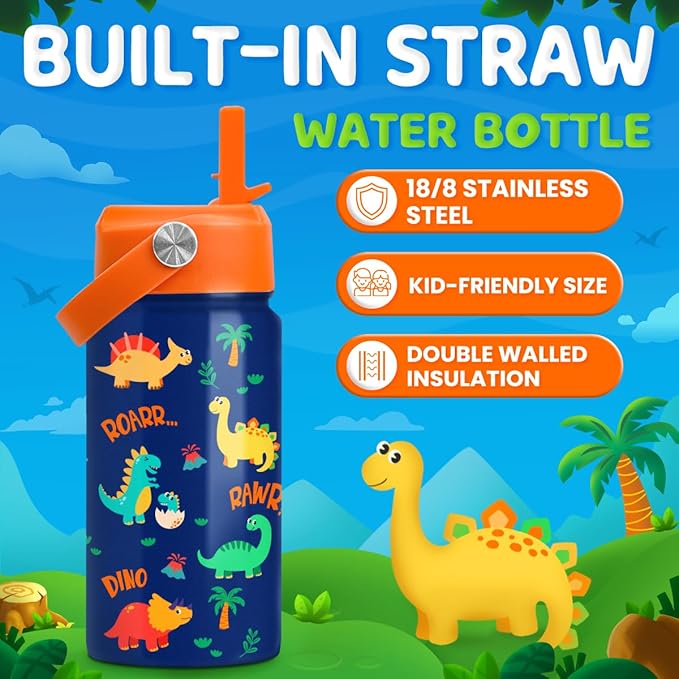 Dinosaur Water Bottle for Boys - Kids Water Bottle with Straw Lid - 12 Oz Insulated Stainless Steel Water Bottles for Kid - Travel Cup for School Sports - Bloomnest
