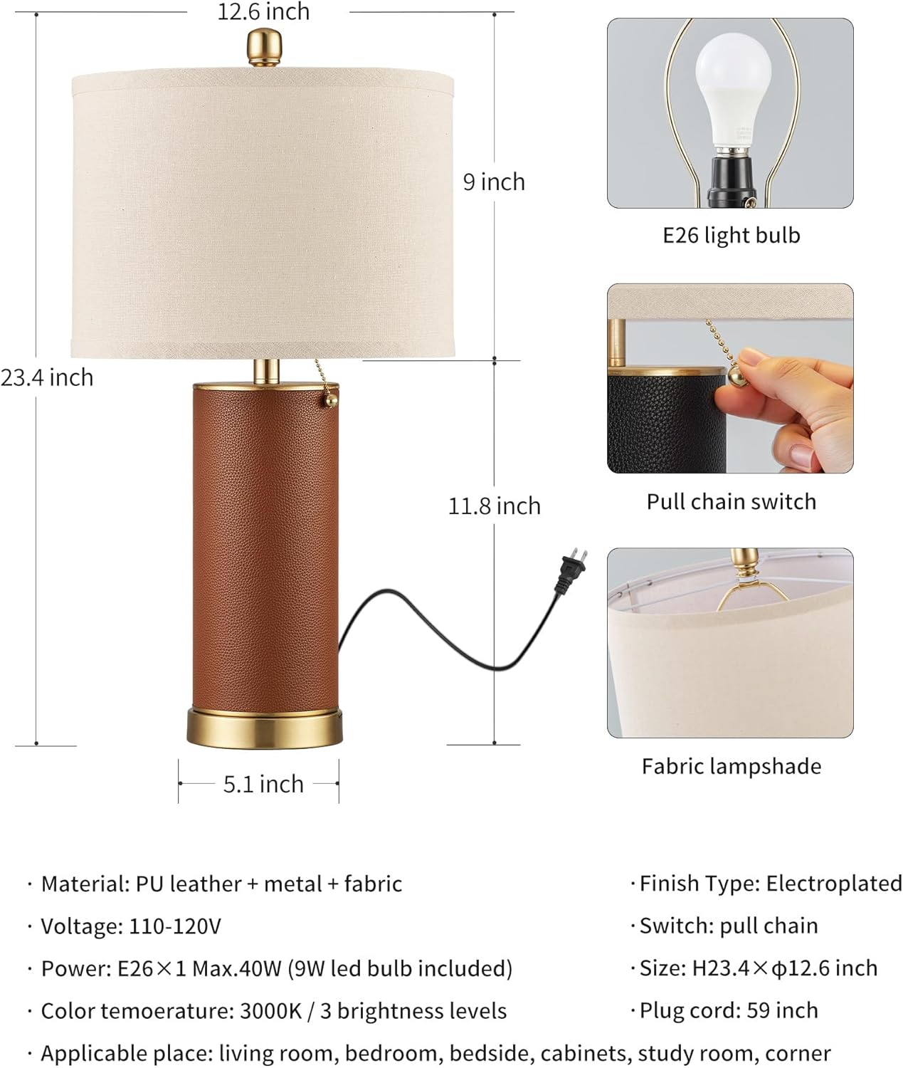KDG 23.4" Brown PU Leather Table Lamps for Living Room Set of 2, 3 Level Brightness LED Modern Home Decor Fabric Lampshade Desk Lamp Lighitng for Bedroom, Bedside, Farmhouse, Nightstand, Night Light