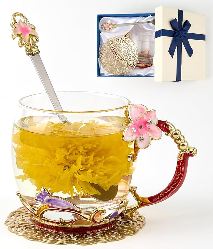 Flower Tea Cup ,Lily flower Clear Glass Fancy Coffee Mug with Spoon,Gift Box for Her Mom Wife Grandma Girls Friends Valentines Christmas Birthday Present Idea for Juice,Hot And Cold Drinks Use - Bloomnest