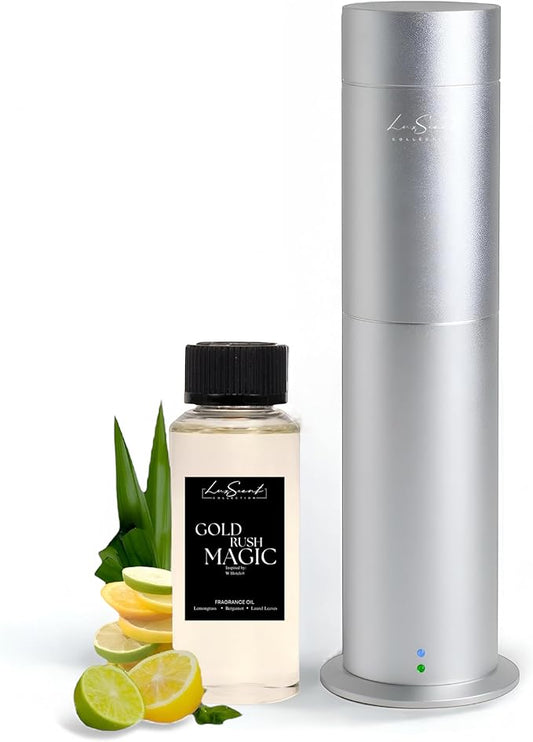 Aroma Scent Diffuser Starter Kit for Up to 1000SQ. FT. Coverage - 120ML Waterless Essential Oil Scent Included - Luxury Aroma Diffuser Ideal for Home, Office & Hotel (Silver, Gold Rush Magic) - Bloomnest