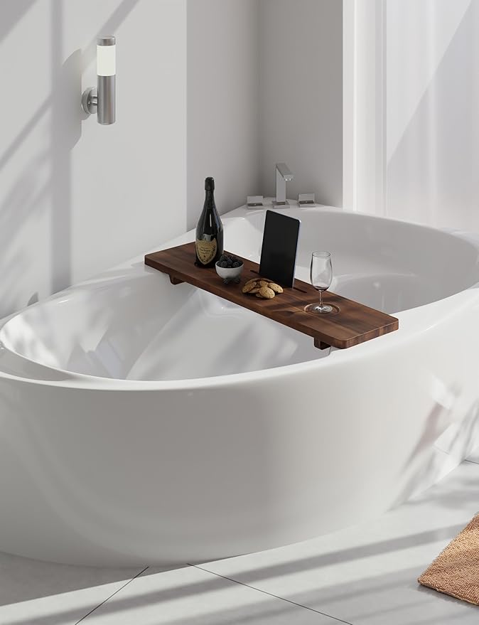 Tinamo 35”L Wooden Bathtub Tray, Bathtub Caddy Tray For Tub with Tablet Slot & Wine Holder - Acacia Bath Tray For Tub, Bath Table - Bathtub Tray Table with Adjustable Legs (Walnut color, 35"x 9"x2.5") - Bloomnest