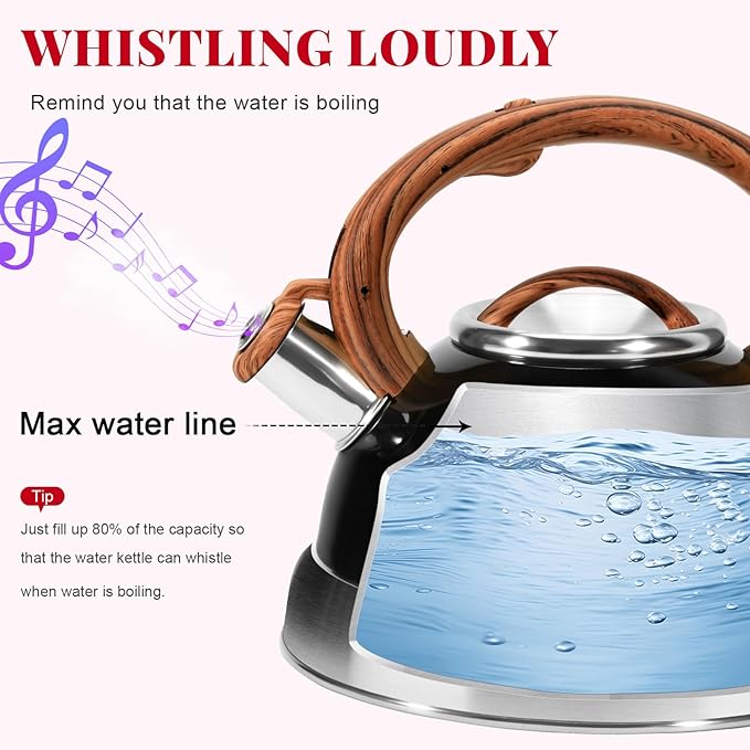 GGC Whistling Tea Kettle for Stove Tops, 3.1QT/3L Tea Kettles for Boiling Water Coffee or Milk, Stainless Steel Tea Pot with Anti-Heat Handle and Simple Touch Button to Control Kettle Outlet - Bloomnest