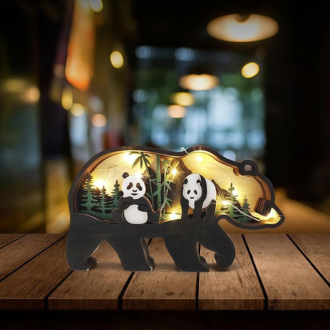 Drawelry 3D Wood Carving Animals Lamp Home Decorative, Cute Bear Family Elephant Presents Ideas Christmas Living Room Office Decor Warm LED Night Lights Gift for Friend Daughter Son Mom Dad (Panda) - Bloomnest