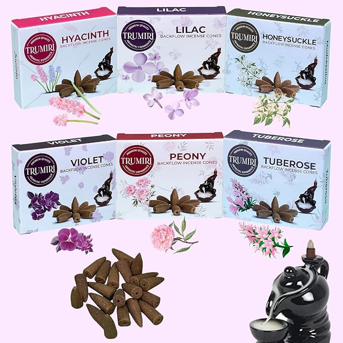 Blossom - Backflow Incense Cones for Waterfall - Scented Inscents-Cones - Peony, Lilac, Hyacinth, Tuberose, Honeysuckle, Violet - Insiensos Aromaticos - 6x10=60 Large Variety Pack TRUMIRI