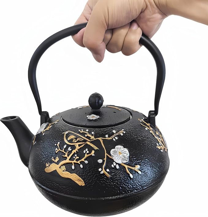 Cast Iron Teapot SECHUDO Teapot for Stovetop Safe Coated with Enameled Interior,Japanese Beautiful Tea Kettle with Stainless Steel Infuser for Loose Tea (60.9oz Plum Blossoms and Bird Pattern) - Bloomnest