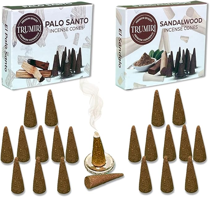 TRUMIRI Incense Cones - Combo Pack of 20 Cone Incense - 10 Palo Santo + 10 Sandalwood - Insence Cones - Incense Cones Scented - Cone Incense Scents - Insense Cones - Incent Cone TRUMIRI