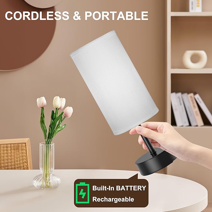 ROTTOGOON Cordless Table Lamp Touch Control Dimmable Small Bedside Table Lamps with Beige Fabric Shade 5000mAh Rechargeable Battery Powered Desk Lamp for Bedroom,Home,Office,Dorm-Black - Bloomnest