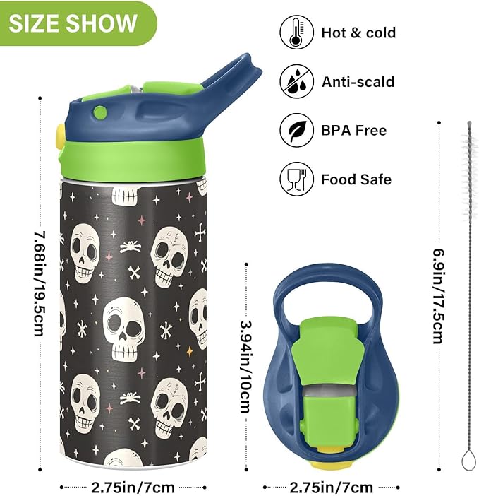 Human Skeleton Funny Skull Kids Water Bottle with Straw Lid Insulated Tumbler with Handle Stainless Steel Reusable Toddlers Cup for Kids Boys 12 oz - Bloomnest