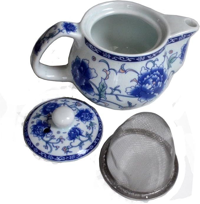 Small Porcelain Teapot, 9oz Tea Pot with Stainless Steel Infuser Classical Chinese Penoy Flower (Blue-and-white Penoy)
