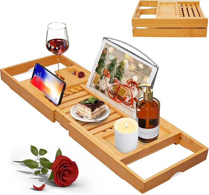 Artmalle Luxury Bathtub Caddy Tray for Tub - Foldable Bamboo Bath Table Tray with Book and Wine Glass Holder, Expandable Bathroom Accessories for Spa or Reading Lite Style - Bloomnest