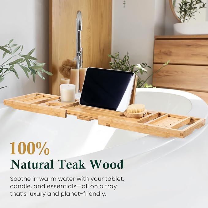 Bamboo Bathtub Tray, Bath Caddy with Wine Glass Holder, Phone Dock & Book Stand | Hands-Free Reading & Ultimate Spa Relaxation Experience-Natural - Bloomnest